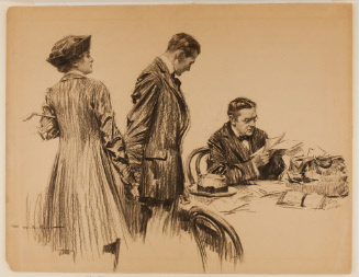 Man and woman standing at table as seated man examines papers