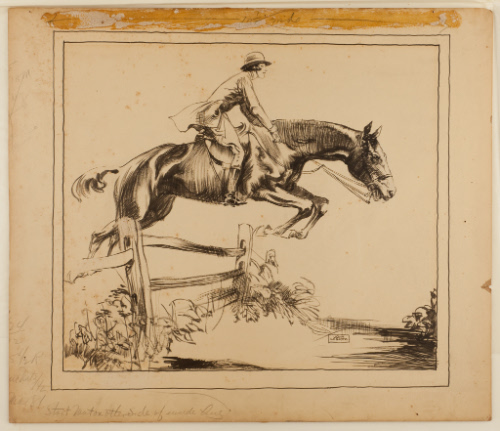 Horse and rider jumping fence