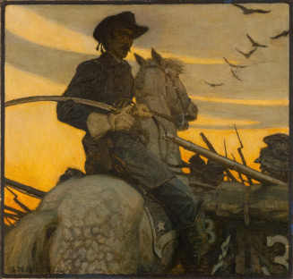 Soldier on a horse holding sword with bayonets in background