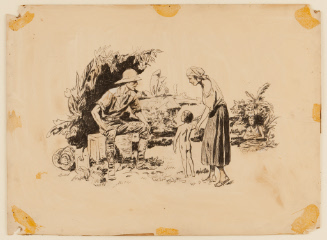 Woman and nude child talking to seated man wearing pith helmet