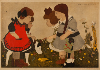 Four girls and dog in field with flowers