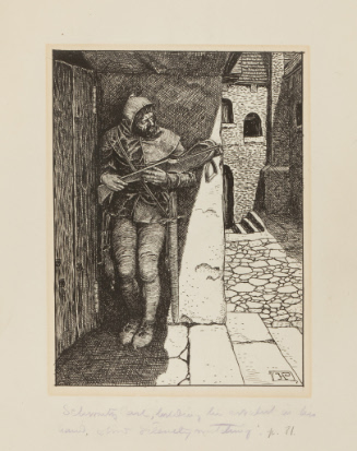 Illustration for Otto of the Silver Hand; Schwartz Carl, holding his arbelast in his hand, stood silently watching