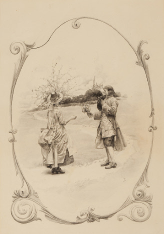 A Pastoral Without Words; Man offering flowers to woman