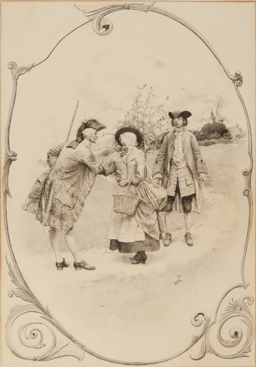 A Pastoral Without Words; Group in colonial costume with man bowing to woman