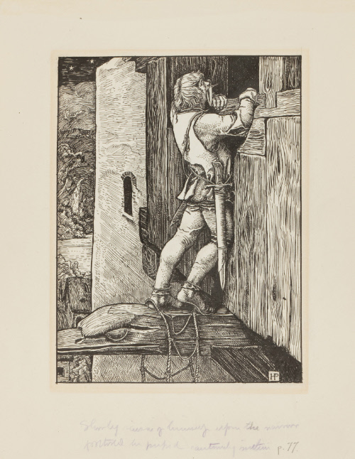 Illustration for Otto of the Silver Hand; Slowly raising himself upon the narrow foothold, he peeped cautiously within