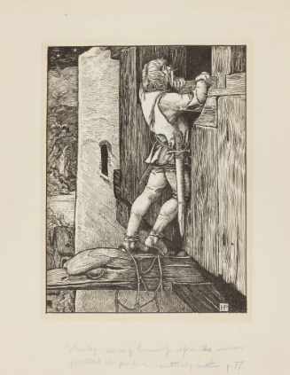 Illustration for Otto of the Silver Hand; Slowly raising himself upon the narrow foothold, he peeped cautiously within