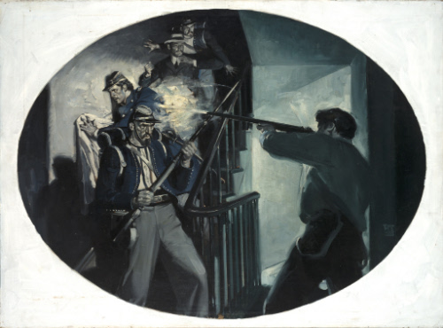 Man shooting soldiers on staircase