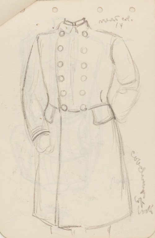 Costume sketch; double-breasted coat design