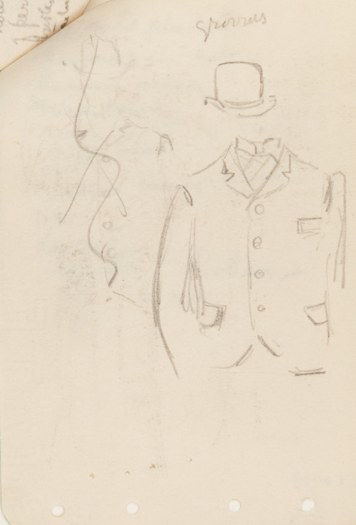 Costume sketch; single-breasted jacket and hat for groom design