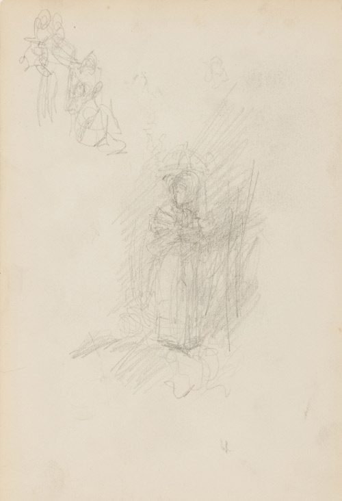 Sketch of a figure with shawl and umbrella