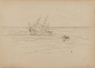 Ship at sea, sails furled