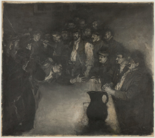Man pleading with seated group of men at table