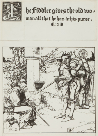 Illustration for The Staff and the Fiddle; The fiddler gives the old woman all that he has in his purse