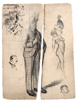 Sketches of Standing Man, Nude Woman, Caricatures, and New York Street Scene with Ice Truck