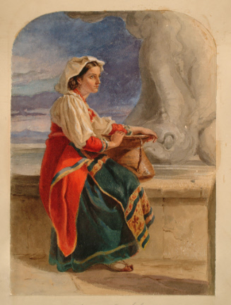 Woman seated at fountain in Italy