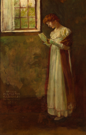 Young woman reading a letter at window