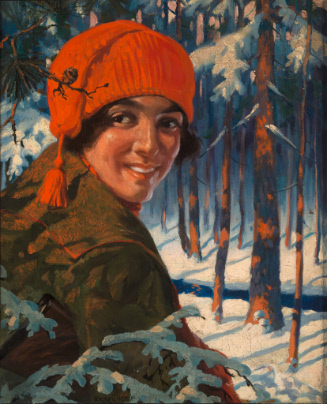 Young person in winter hat in snowy forest