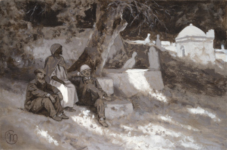 Arab man and two European men in Western dress sitting under a large tree on steps in a cemetery, apparently in Algeria