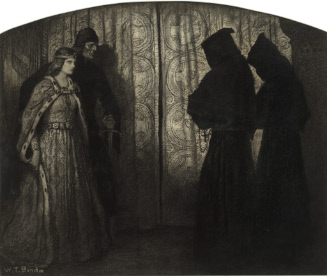 Man and woman in historic costume facing two hooded figures in front of curtain