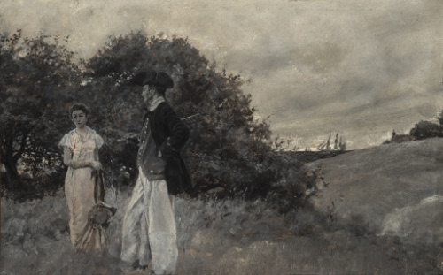 Couple in American historic costume in landscape with ship on water in background