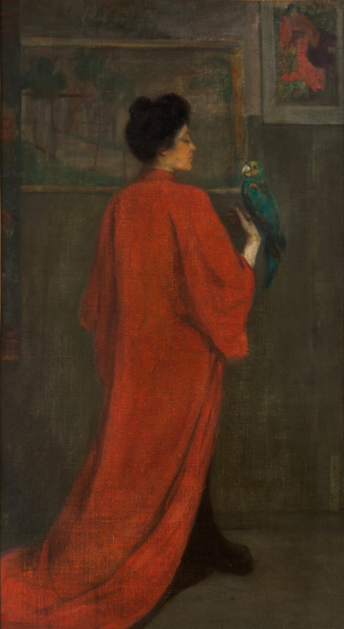 Woman in Red Holding Parrot