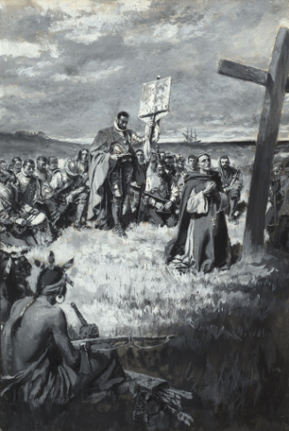 Jacques Cartier setting up a cross at Gaspe