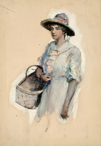 Woman with basket for Never Day Die, Saturday Evening Post