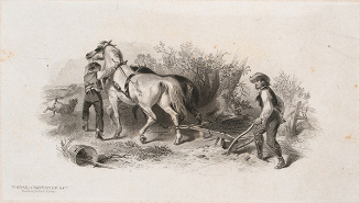 Two men with plough horse