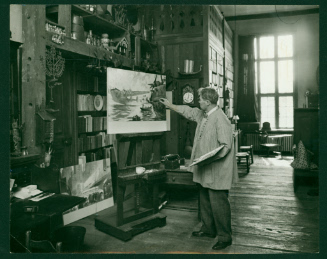 Thornton Oakley in his studio at Villanova, Pennsylvania, 1943. Thornton Oakley Papers, Helen F…