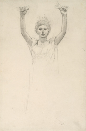 Allegorical female figure holding leaves above her head