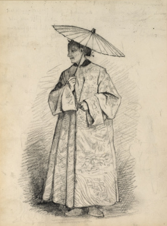 Woman wearing Oriental costume with patterned coat and carrying parasol