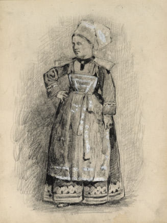 Woman wearing European costume with headscarf and apron