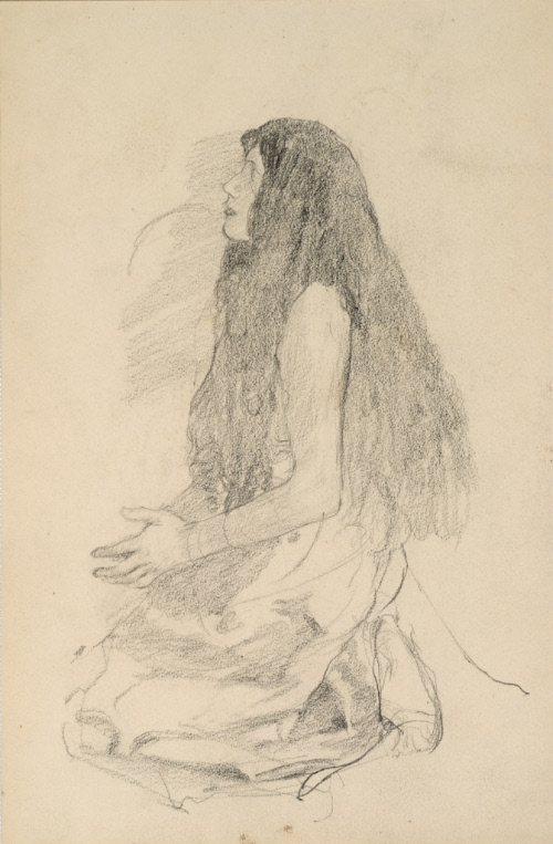 Kneeling woman with long hair