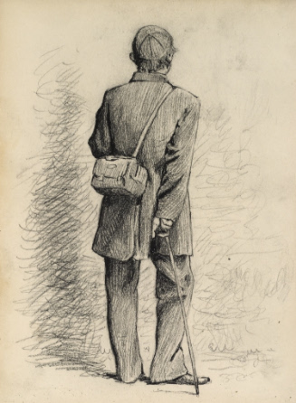 Rear view of man wearing shoulder bag and holding a walking stick