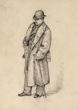 Man wearing overcoat, bowler hat, and using walking stick