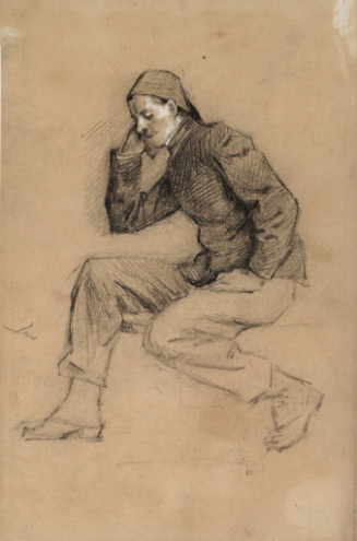 Man seated in profile with hand to chin