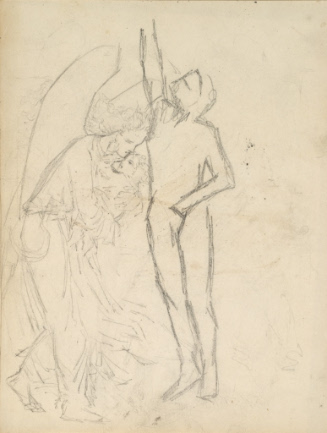 Study of angel embracing a child and standing man reaching up