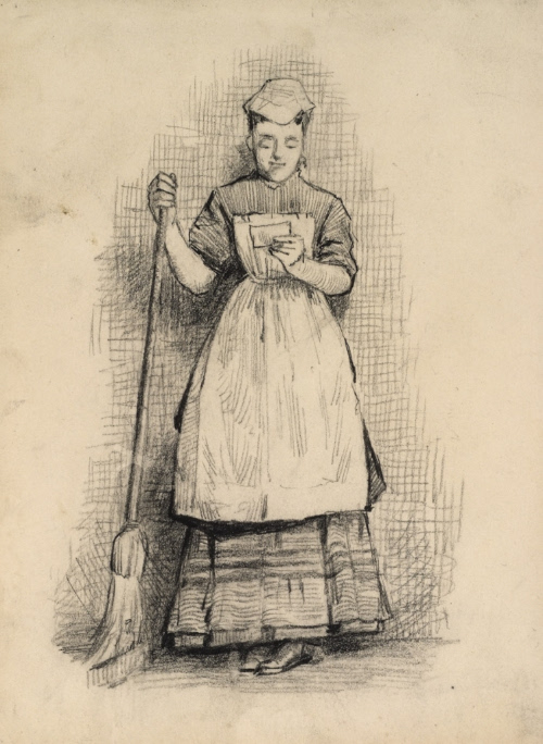 Maid reading letter and holding broom