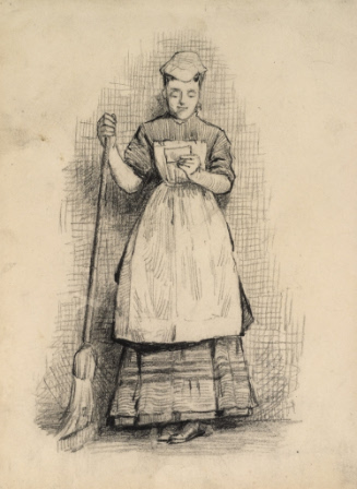 Maid reading letter and holding broom