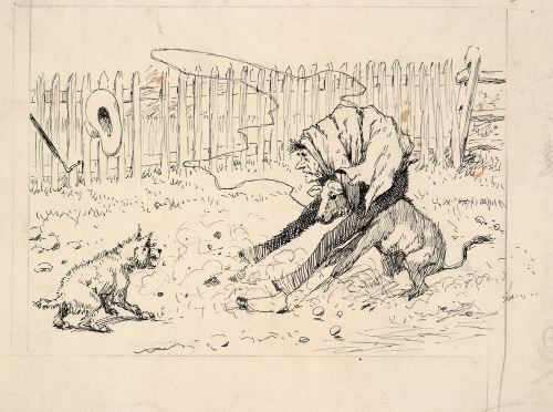 Man wresting pig with barking dog