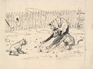Man wresting pig with barking dog