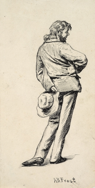 Man poised with hand on back with hat
