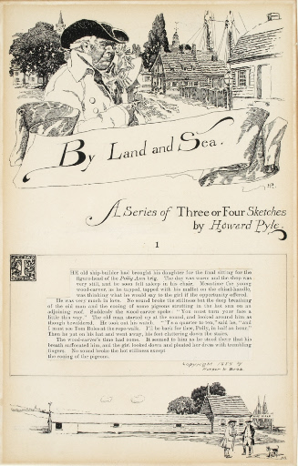 Two illustrations with title and decorated initial T for By Land and Sea