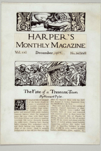 Illustrated title page and decorated initial A with titles for The Fate of a Treasure Town in Harper's Monthly Magazine