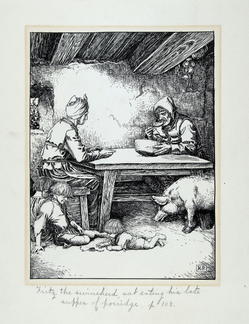Illustration for Otto of the Silver Hand; Fritz, the Swineherd, sat eating his last supper of porridge