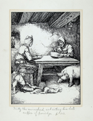 Illustration for Otto of the Silver Hand; Fritz, the Swineherd, sat eating his last supper of porridge